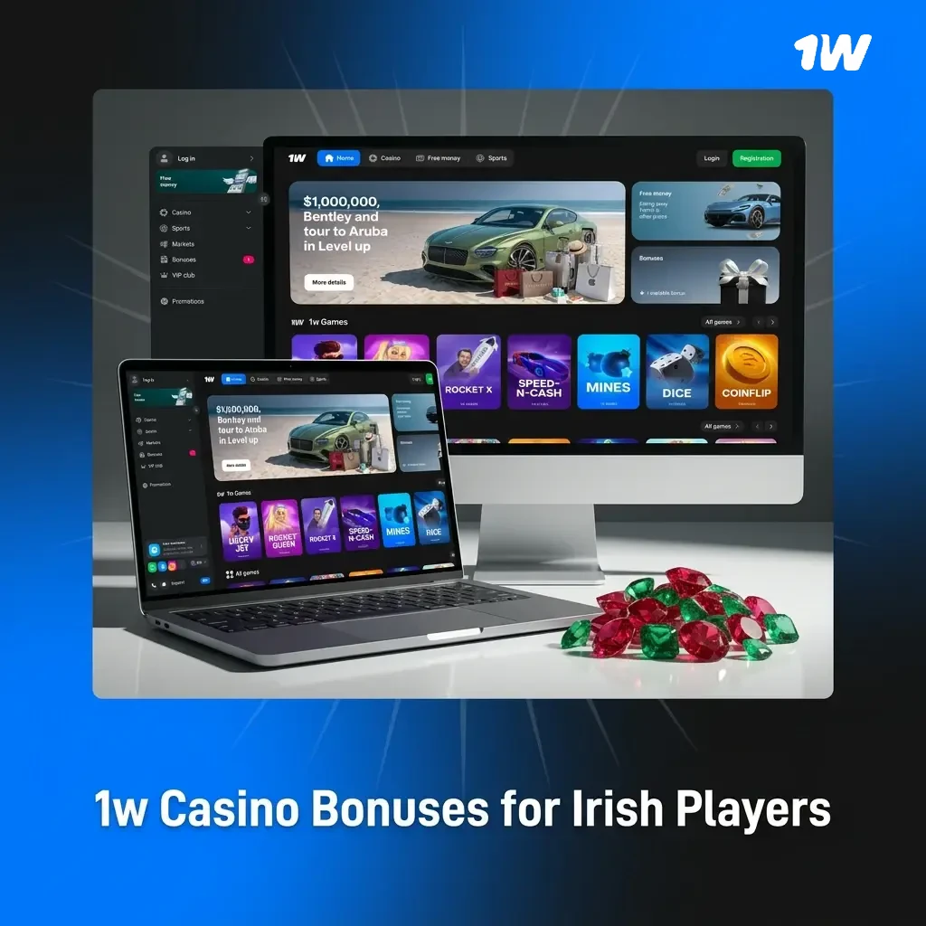1w Casino bonuses for Irish players including welcome package, reload, cashback, free spins, and VIP rewards