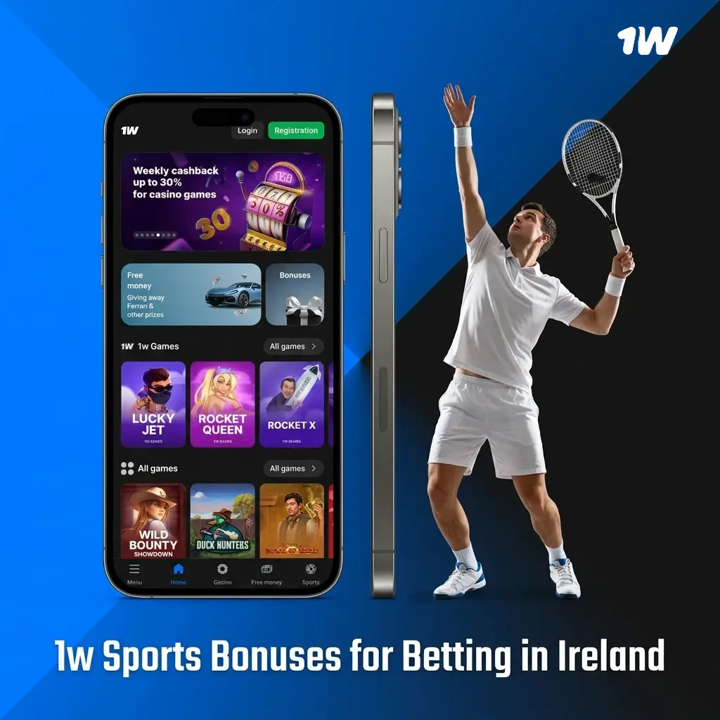 1w sportsbook bonuses in Ireland including welcome offer, accumulator boost, bet insurance, free bets, and esports promotions