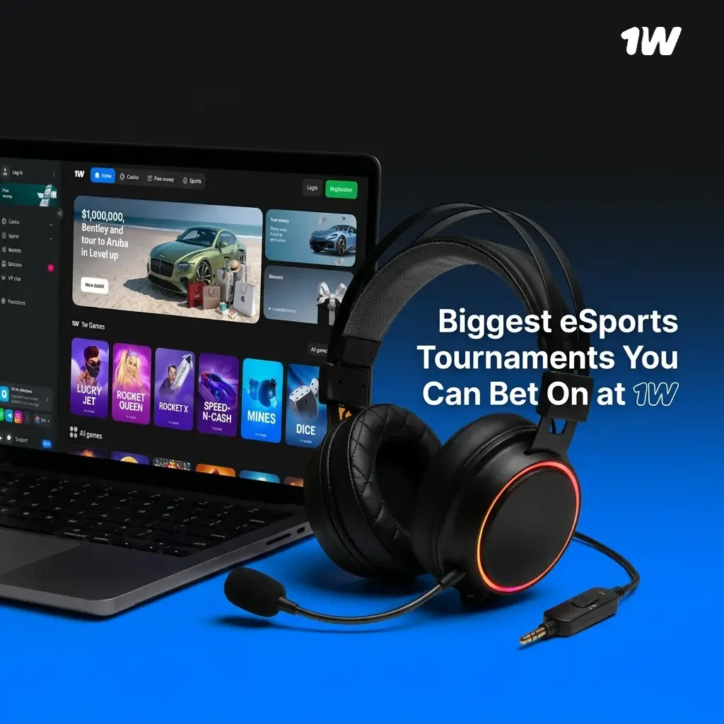 Major eSports tournaments available for betting at 1w including CS2, Dota 2, LoL, Valorant and Rocket League events