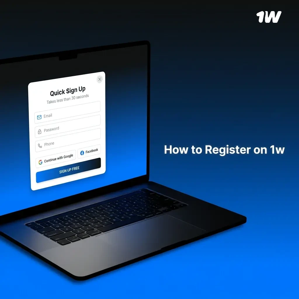 Step-by-step 1w registration guide for Irish players showing sign-up form with email, phone, and social options