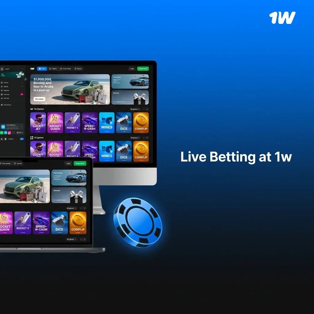 Live betting interface at 1w showing in-play markets for football, basketball, tennis, GAA and esports with dynamic odds