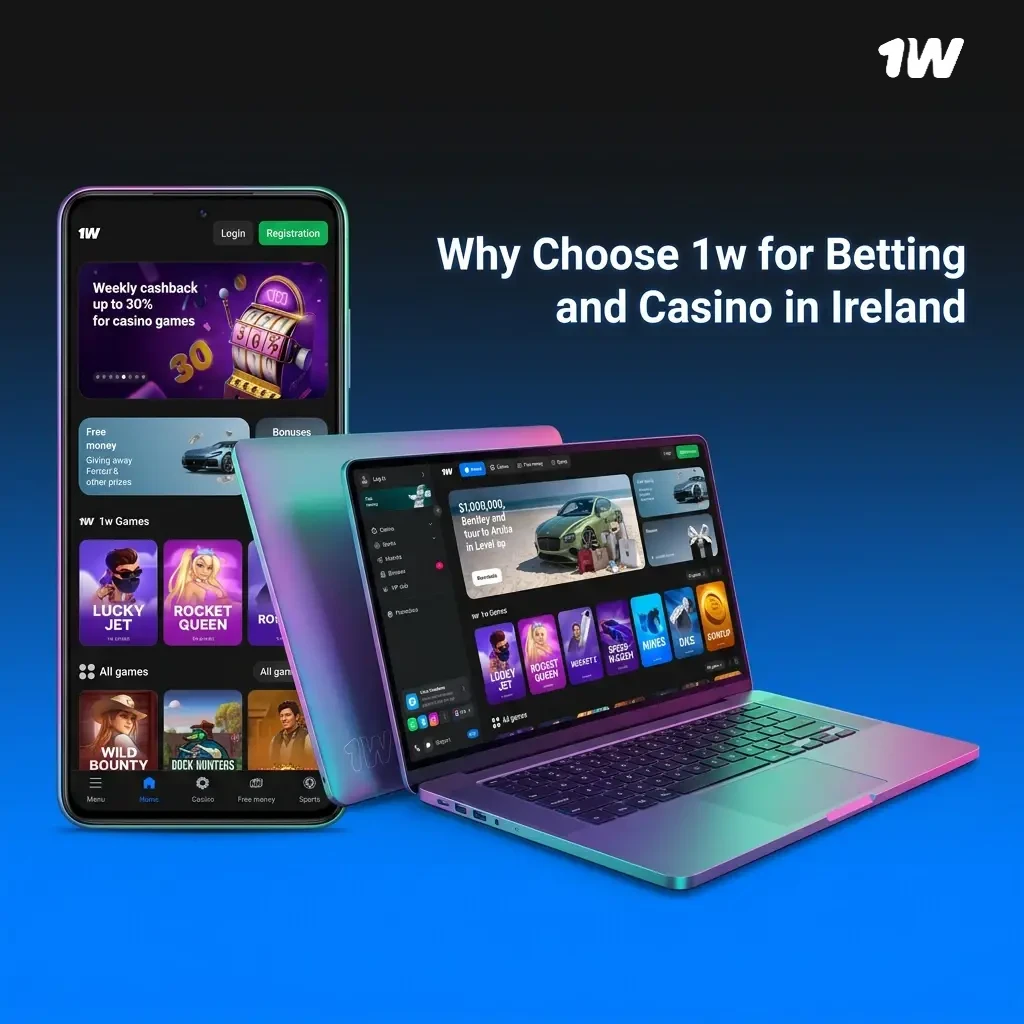 1w betting and casino platform Ireland offering sports odds, casino games, esports, and crypto payments with 600% welcome bonus
