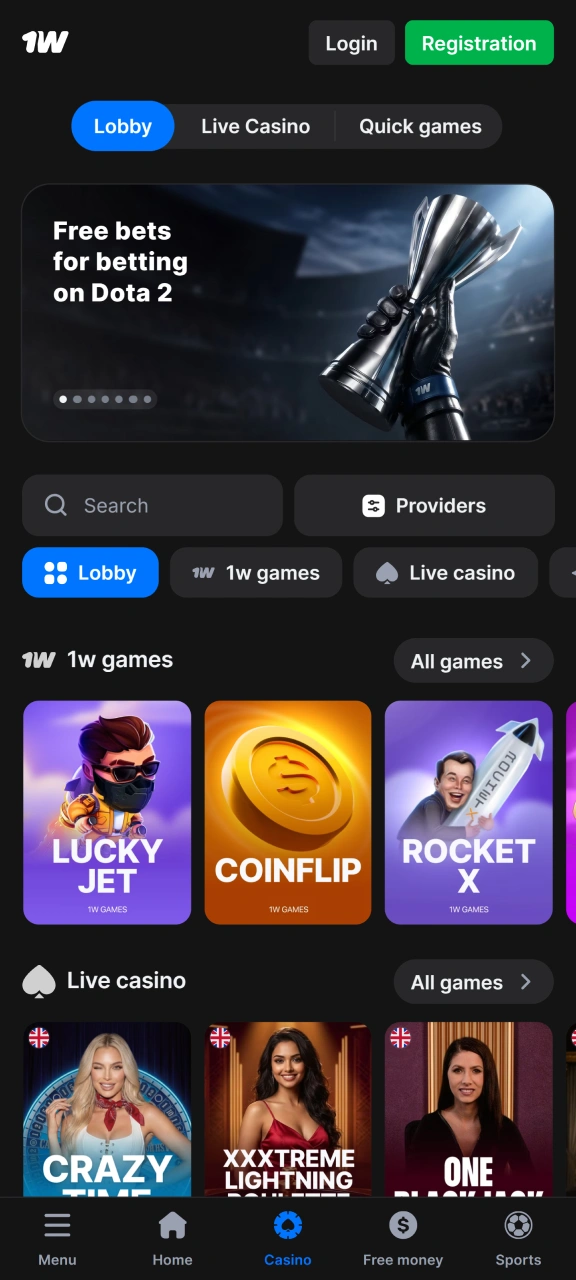 Play a wide range of casino games on the 1w app.