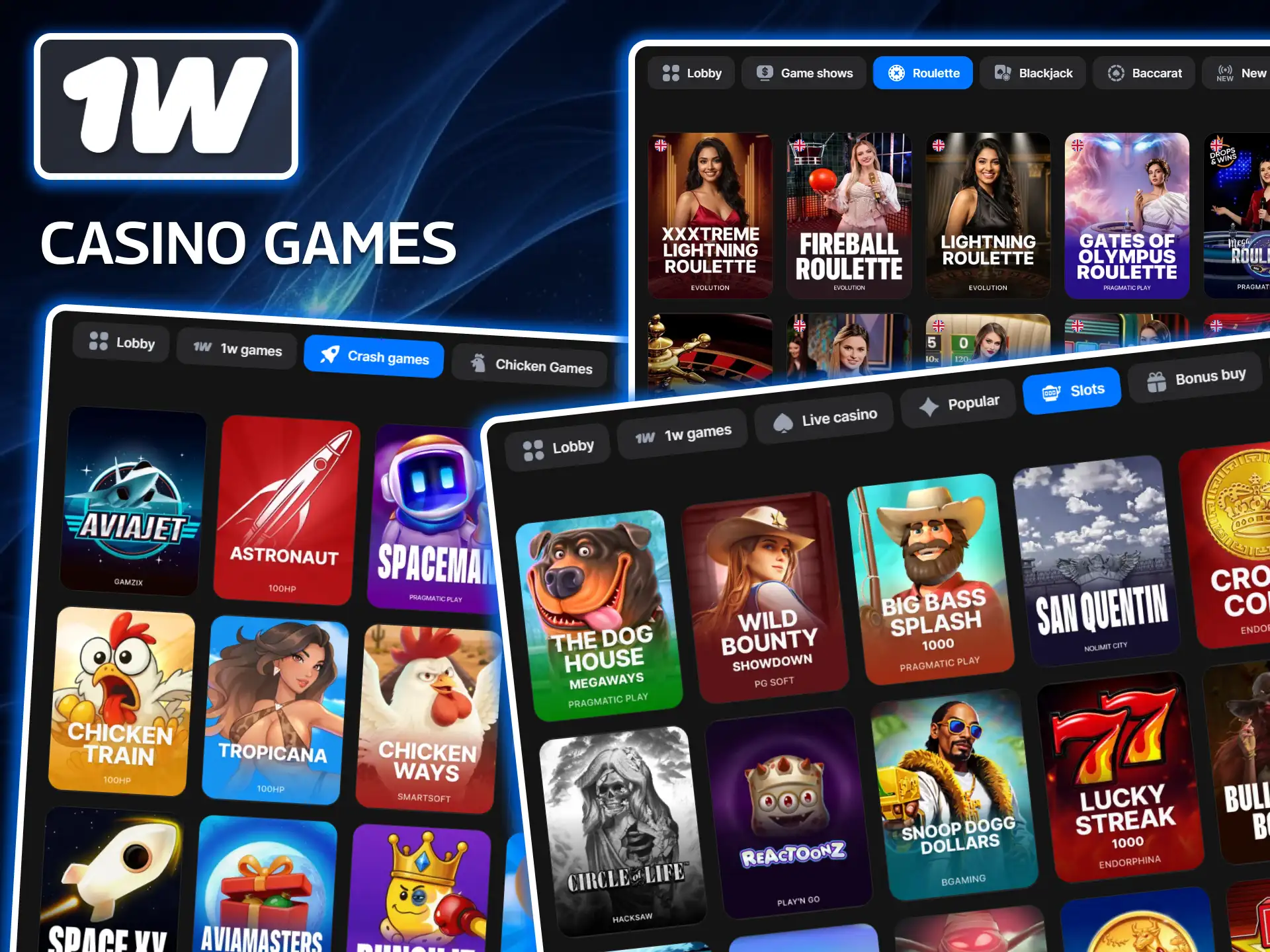 Immerse yourself in a world of thousands of slot machines, live dealer tables, and crash games in the Casino section on the 1w website in Ireland.
