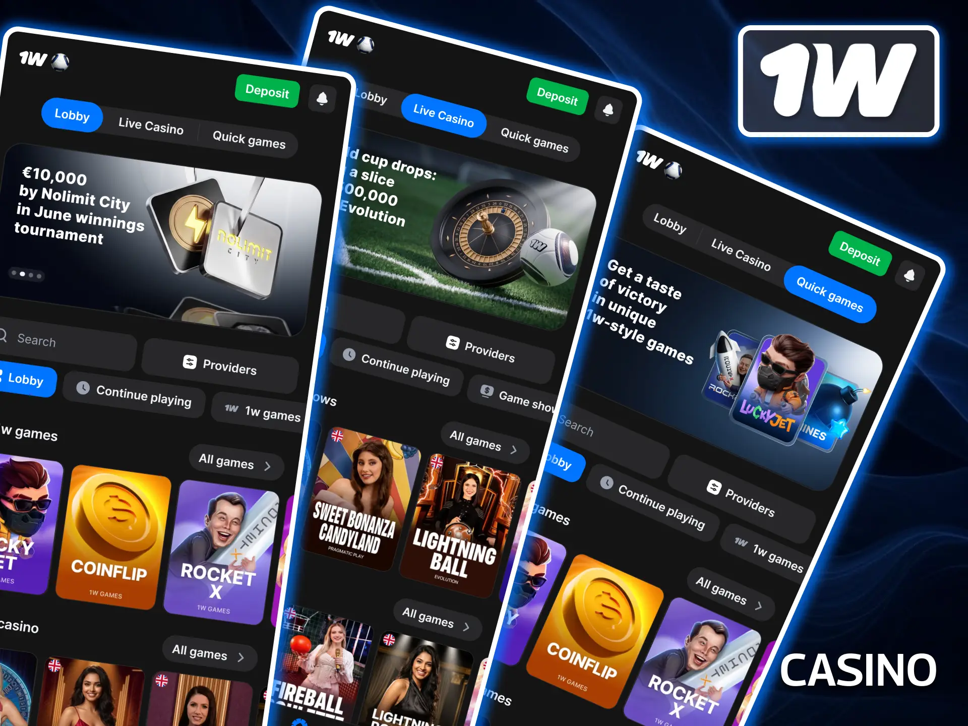Dive into a premium world of slots, tables, and crash games inside the 1w Casino app.