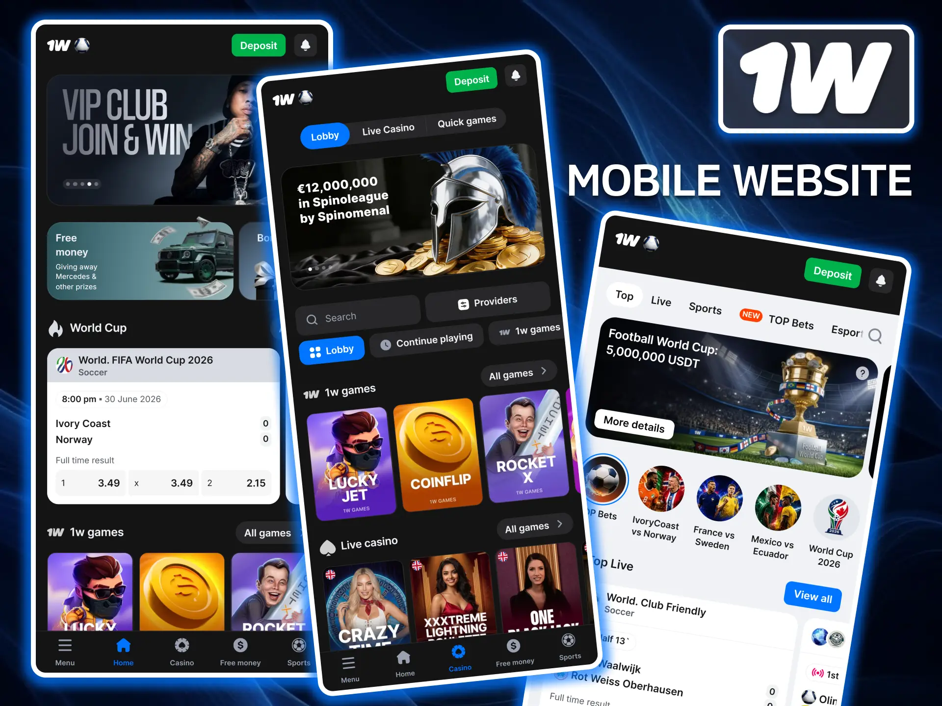 Enjoy full gaming flexibility without downloading any software by using the fully responsive 1w mobile website version.