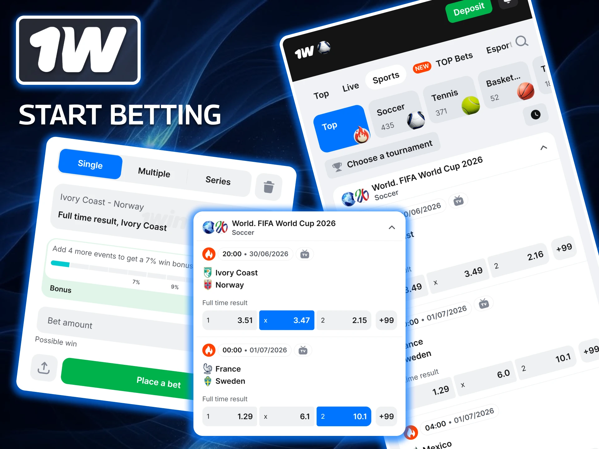 Find out what you need to start betting on the 1w app, and place your first bet in just a few seconds.