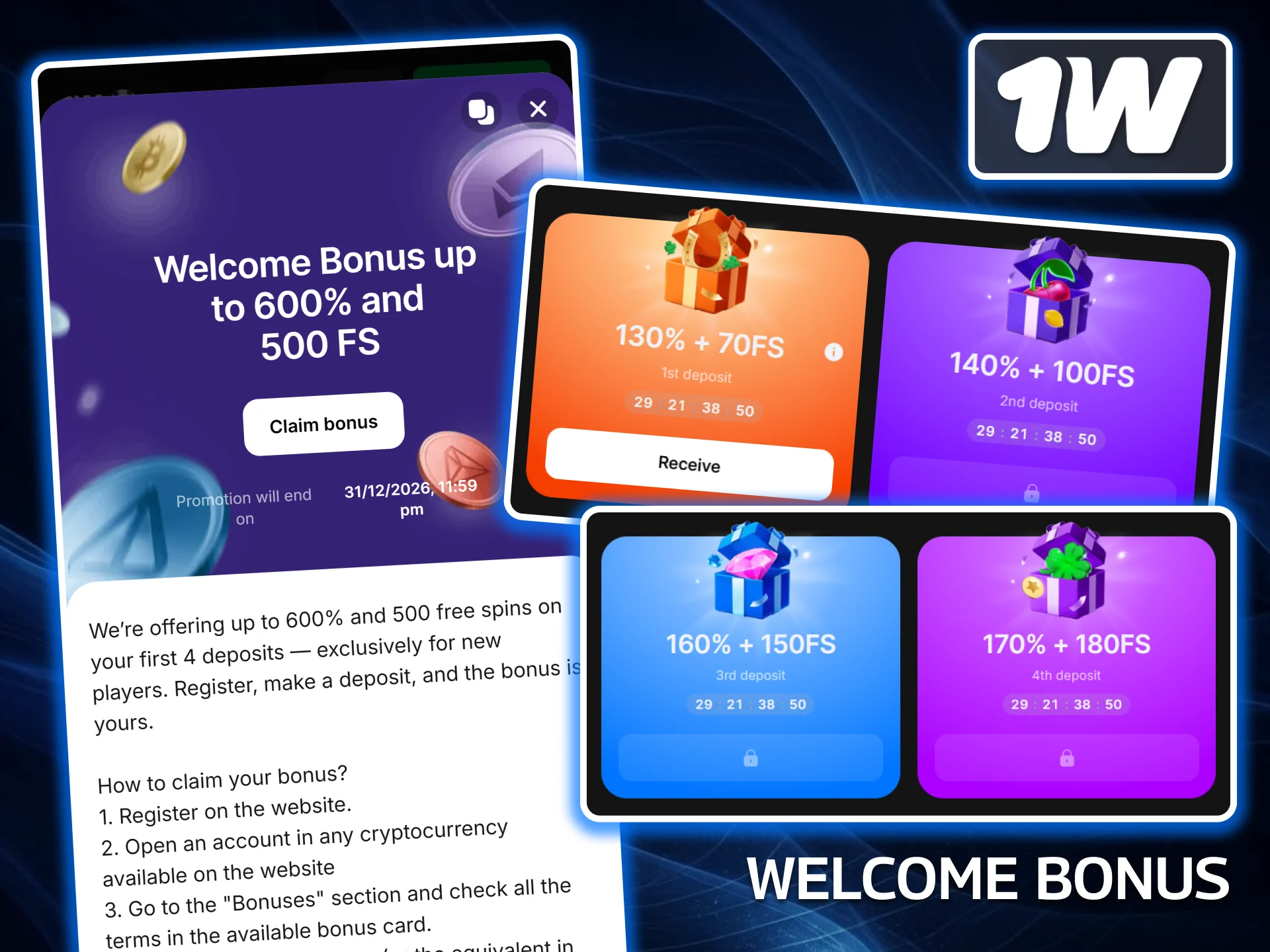 Maximize your starting bankroll with the massive Welcome Bonus in the 1w app upon making your first deposit.