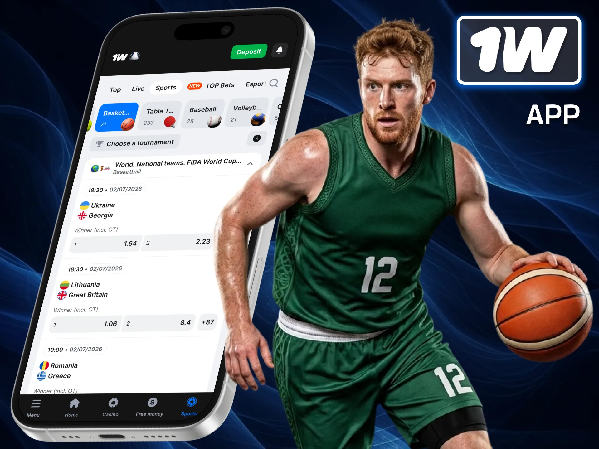 Enjoy the freedom of live wagering on the move with the high-speed basketball betting app on 1w, available for Android and iOS.