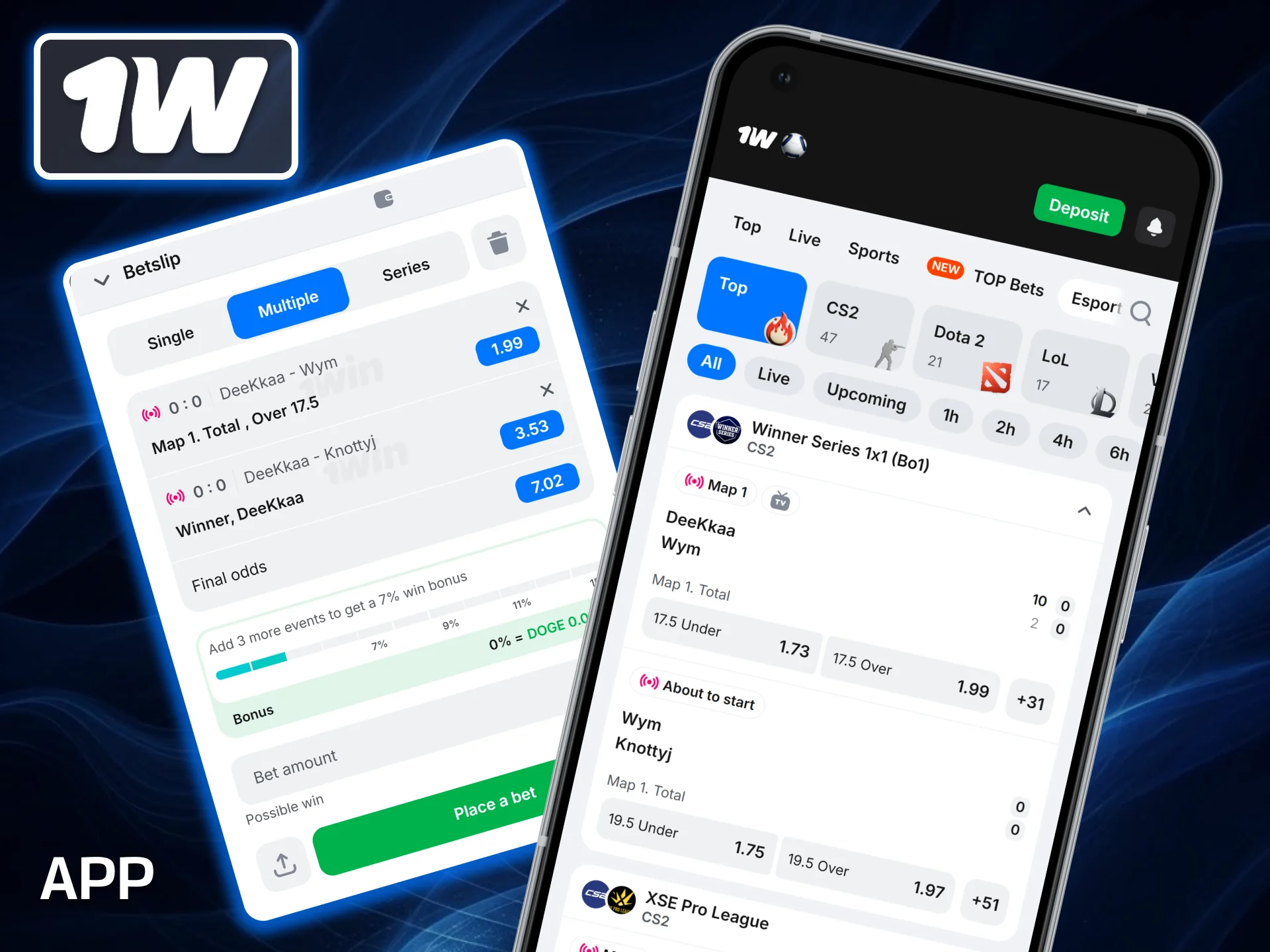 Track live streams and update your bet slips instantly on the go using eSports betting via the 1w app.