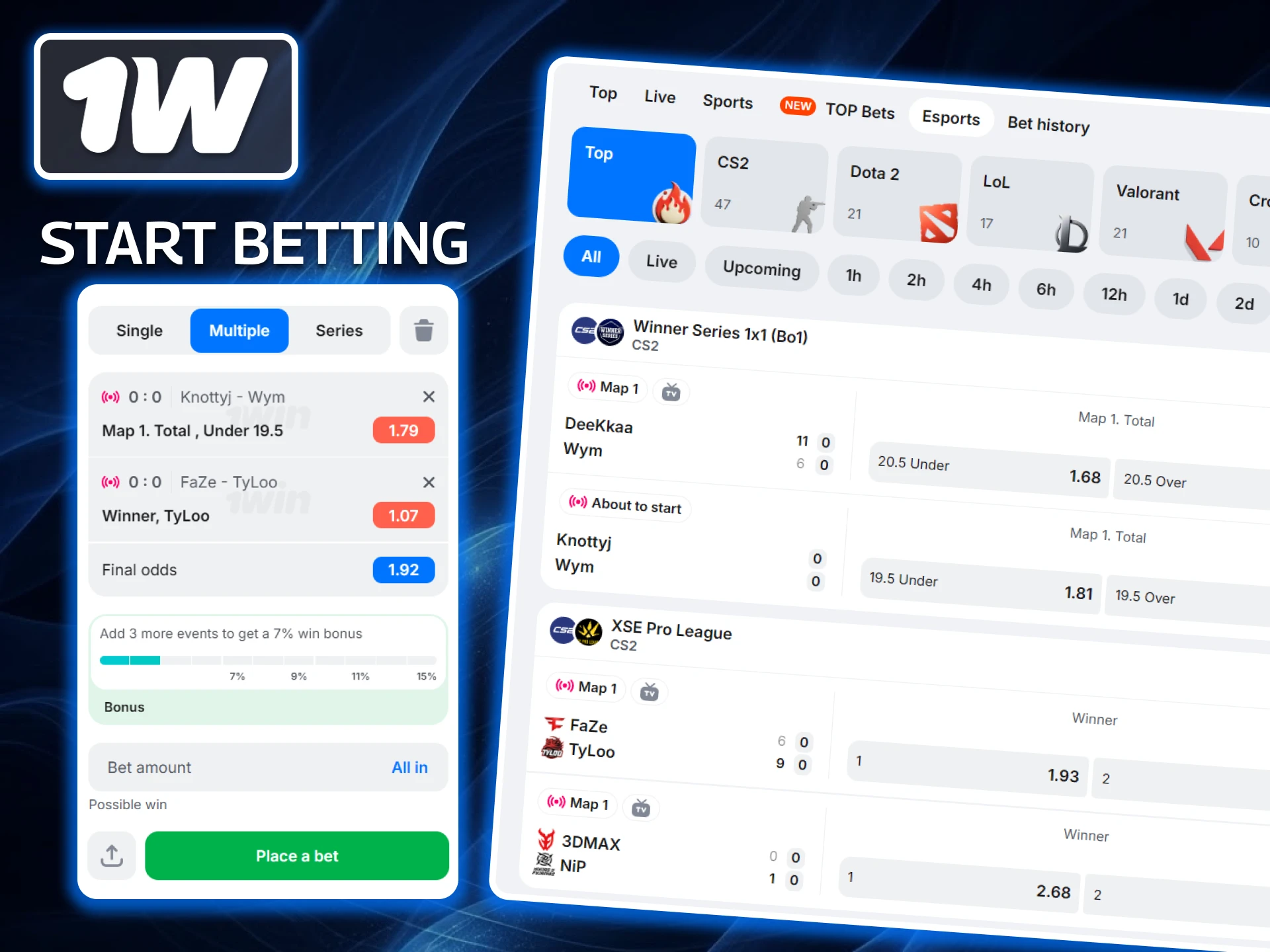 Follow our guide on how to start betting on eSports at 1w to set up your profile and place your first wager.