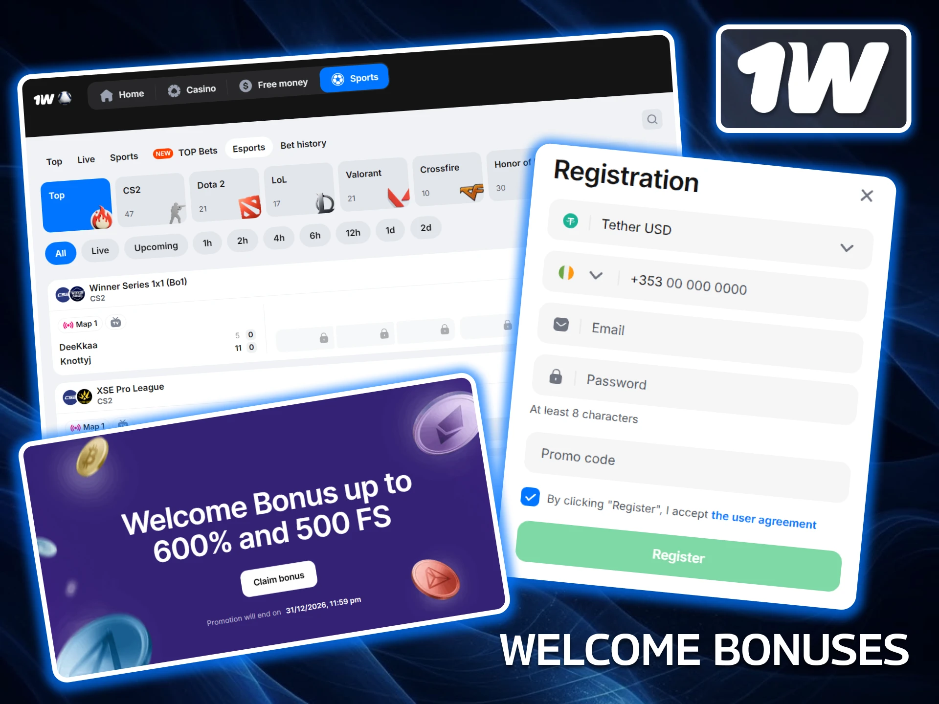 Claim elite Welcome Bonuses for eSports betting at 1w to boost your initial bankroll on video game markets.