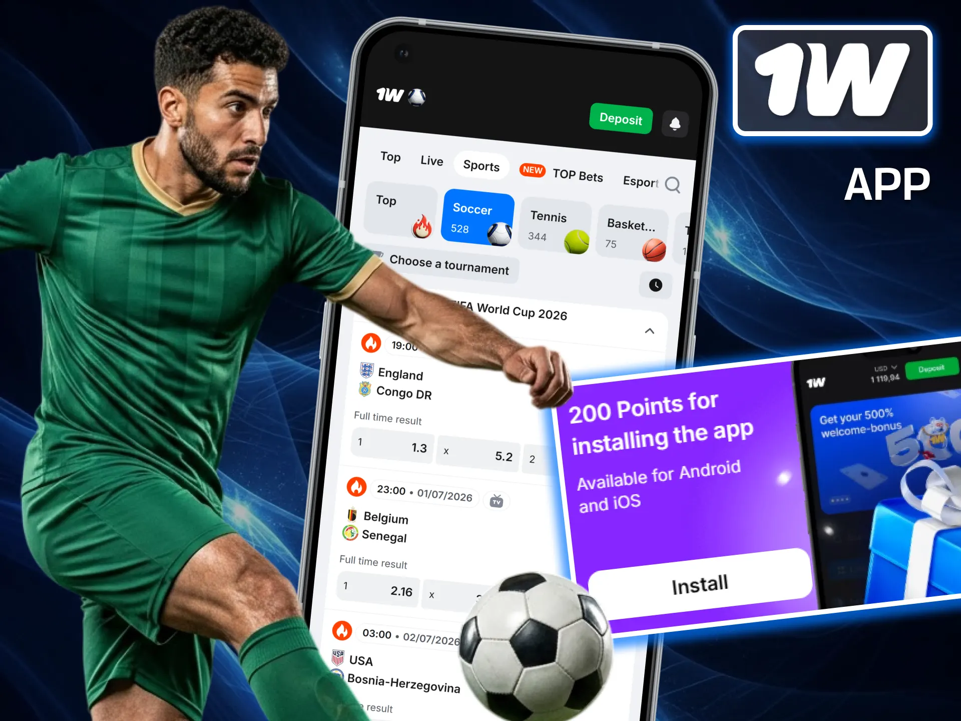 Enjoy the flexibility of live in-play wagering on the move by betting on football via the 1w app, fully optimized for Android and iOS.