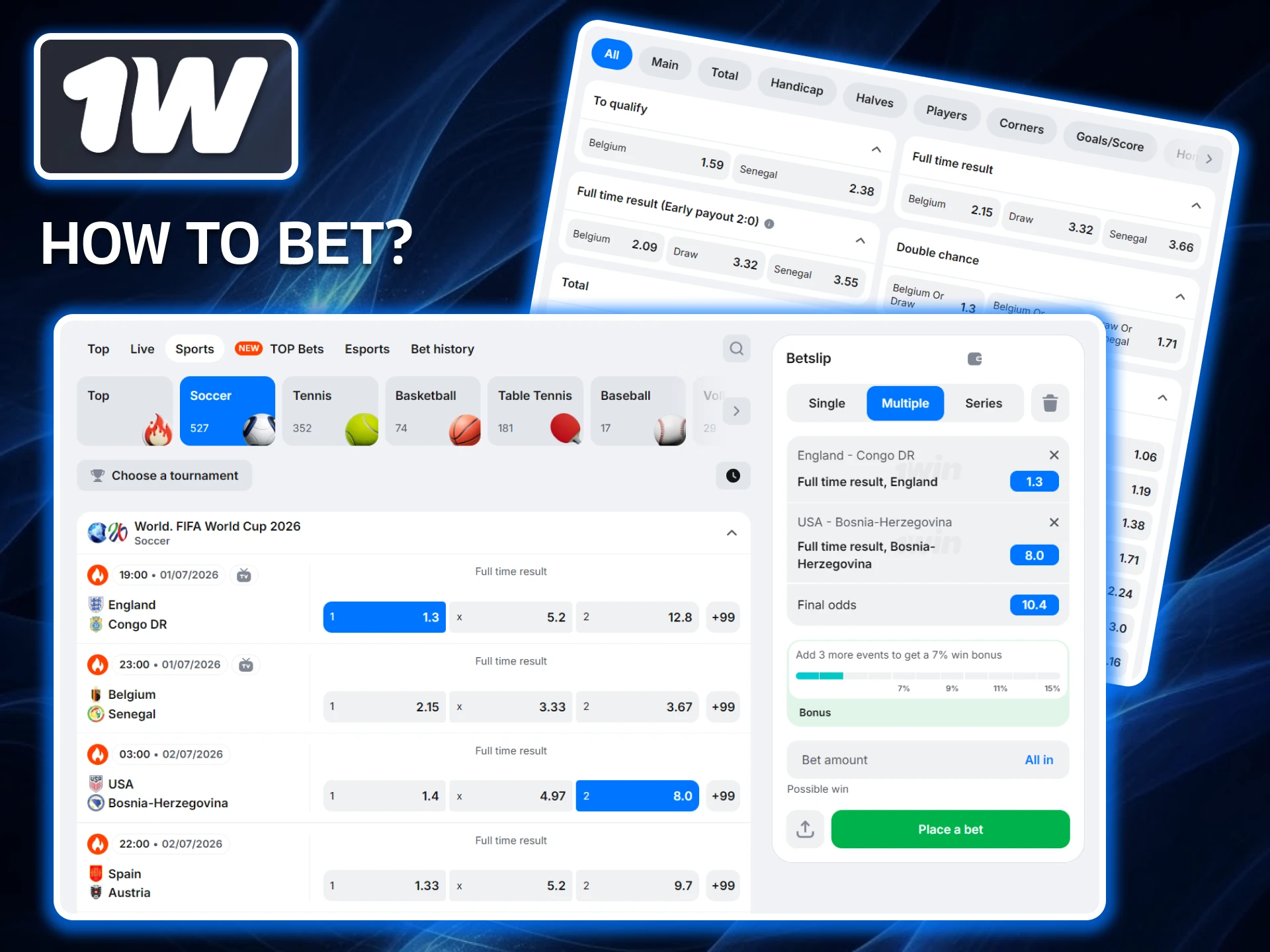 Learn how to place your first football bet on the 1w bookmaker's website, so you can easily navigate the betting markets and place your bets without any trouble.