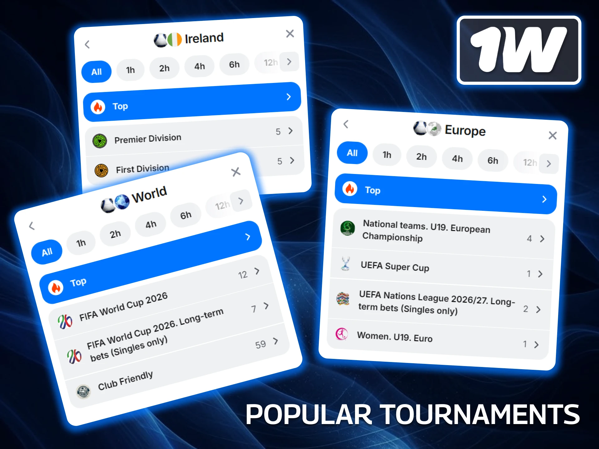 Explore the popular football tournaments and leagues at 1w, featuring full coverage of the English Premier League, UEFA Champions League, and League of Ireland.