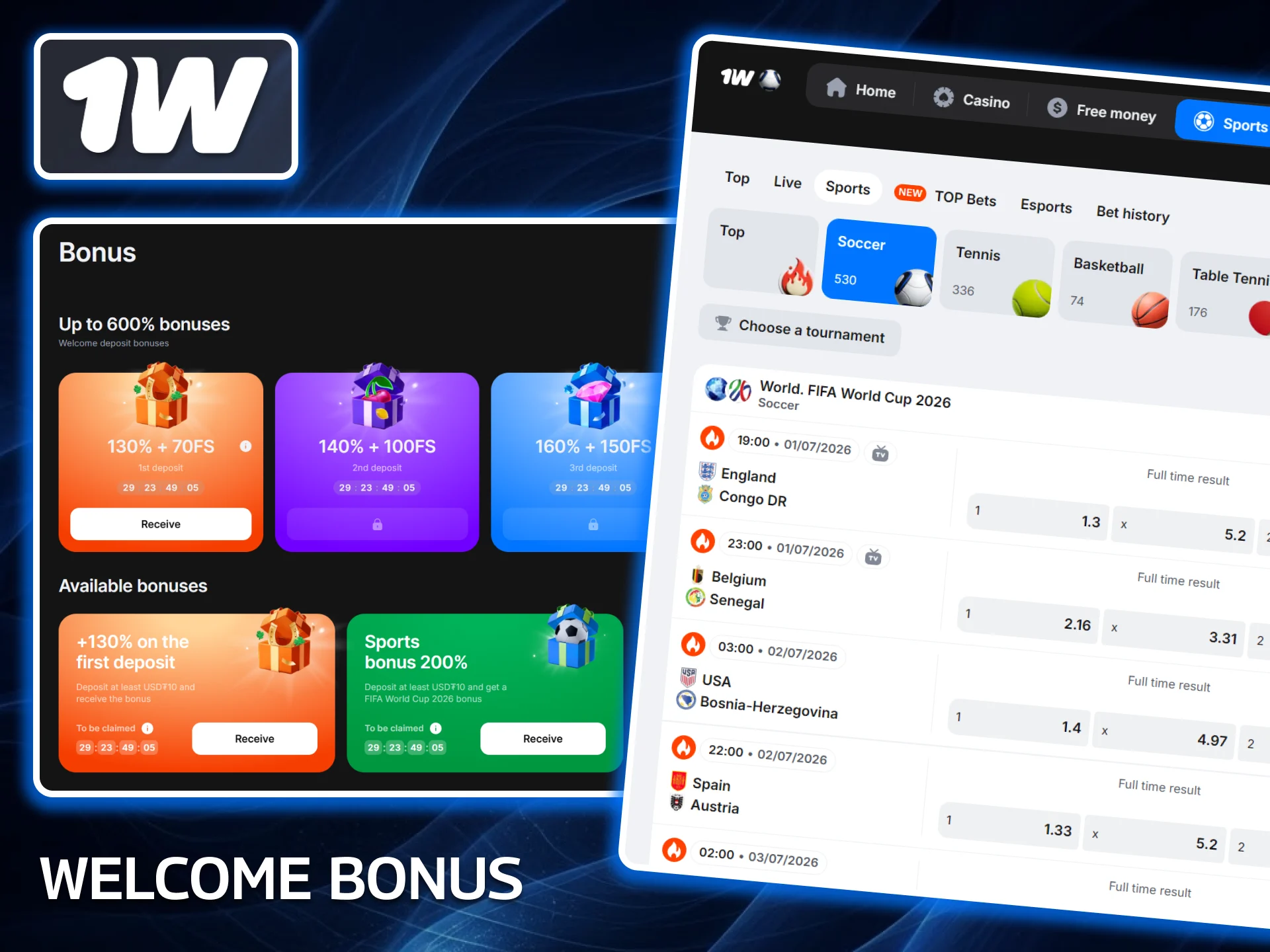 Kickstart your sportsbook journey with an exceptional Welcome Bonus from 1w to boost your initial betting bankroll.