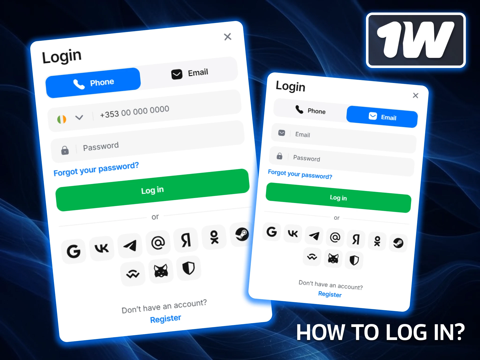 Learn how to log in to your 1w account securely using your credentials or linked social profiles.