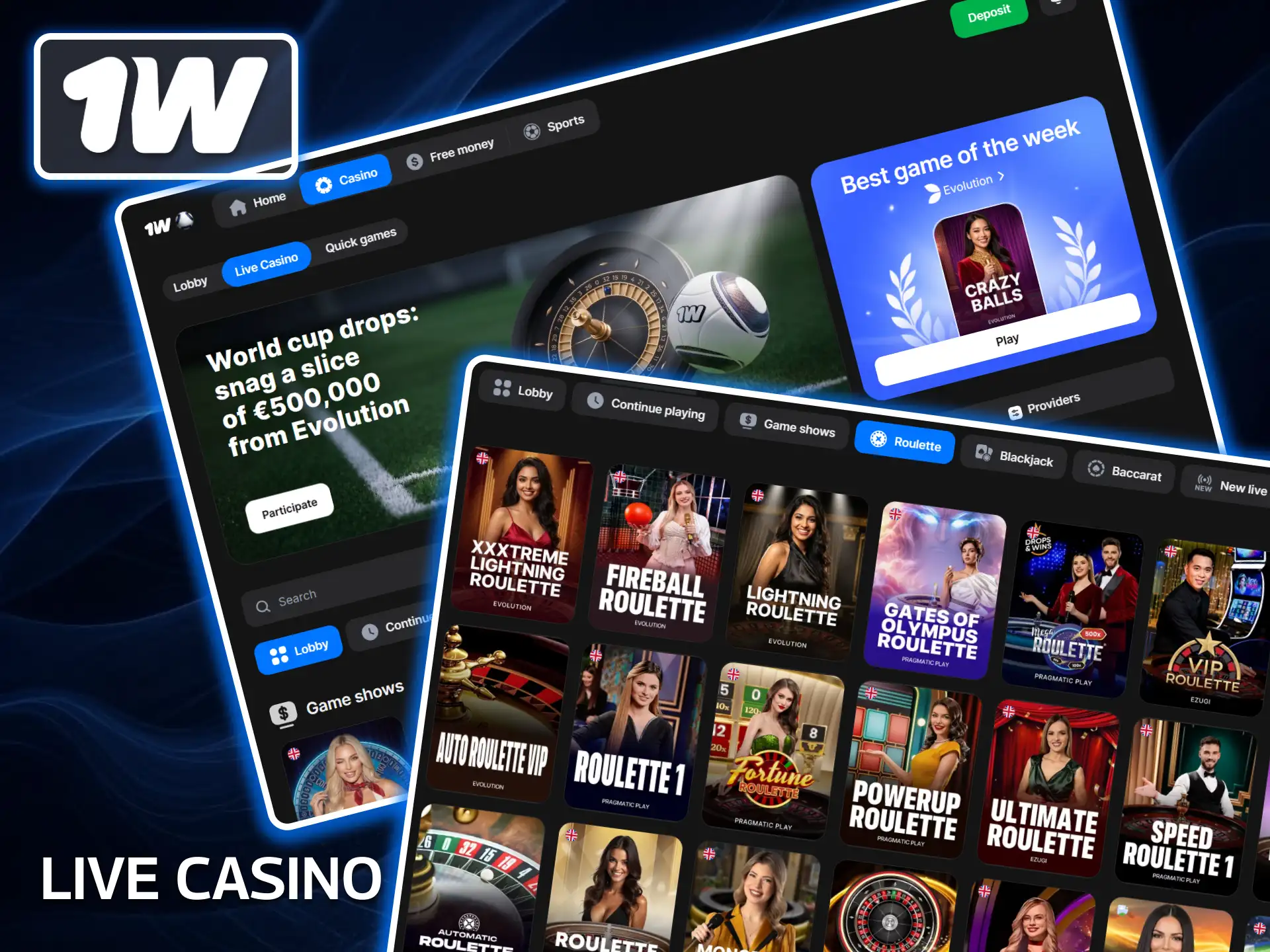Immerse yourself in the atmosphere of a real casino by visiting the exclusive Live Casino section on the 1w website.
