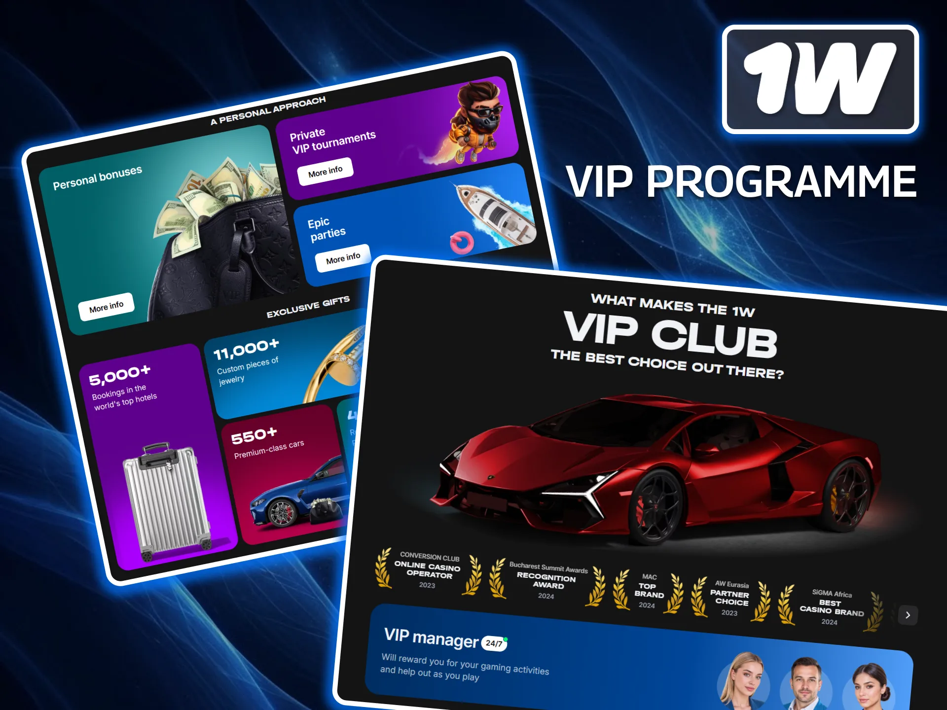 Climb the loyalty tiers, collect points, and unlock personalized managers by joining the exclusive VIP programme at 1w.