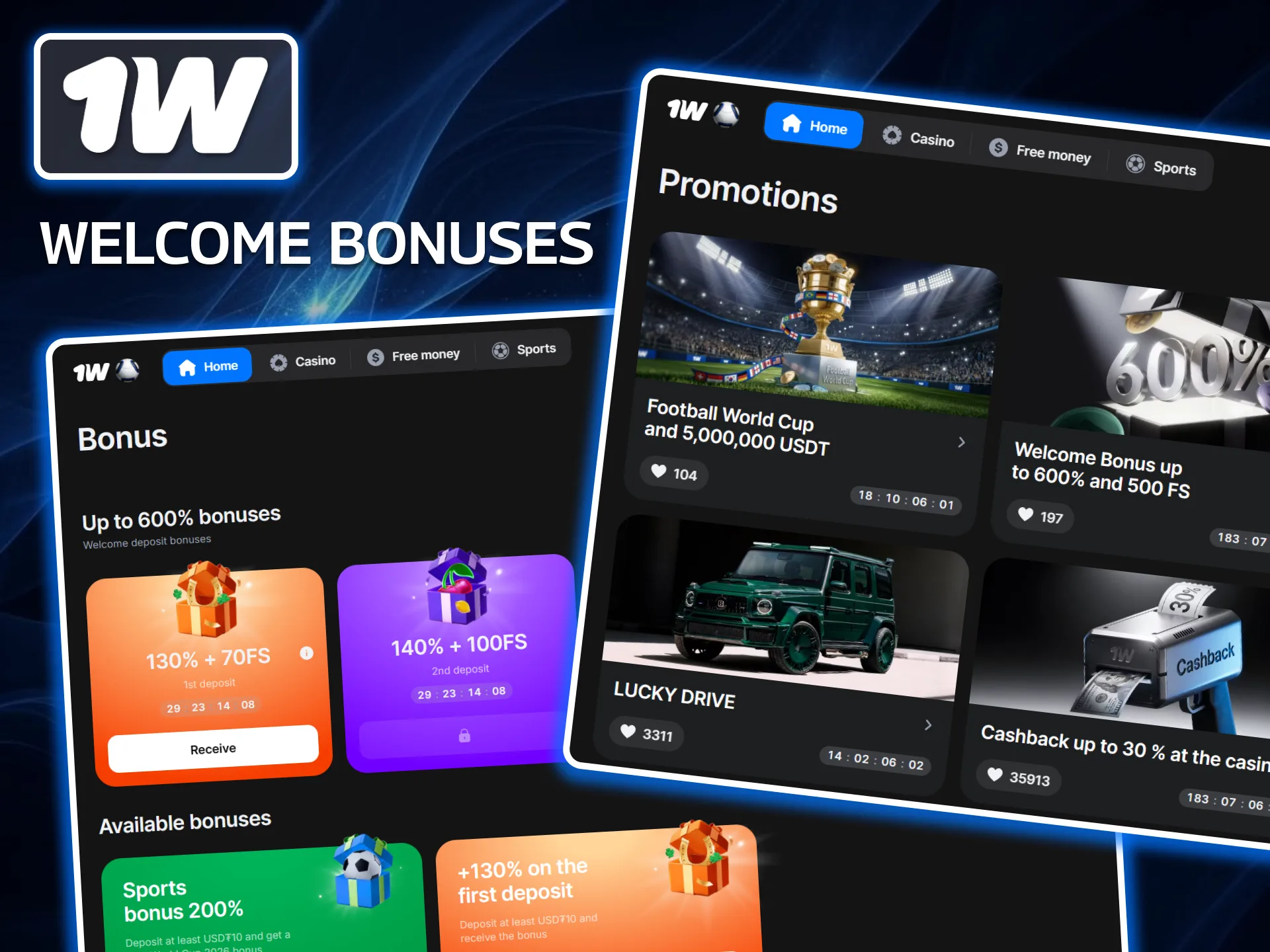Claim an incredible bankroll boost immediately after signing up with the generous Welcome Bonuses at 1w.