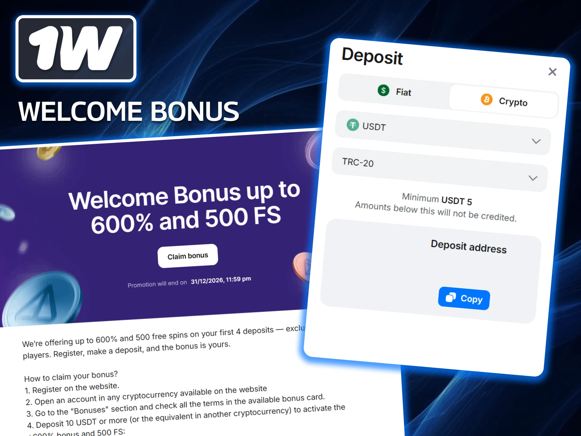 Claim an exceptional head start with your First Deposit Welcome Bonus from 1w and maximize your initial sessions.