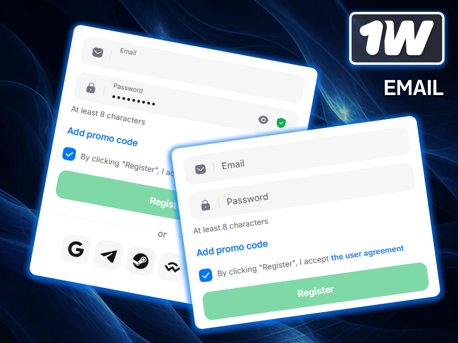 Register by email by filling out the complete sign-up form with your personal details and creating a secure password on the 1w platform.