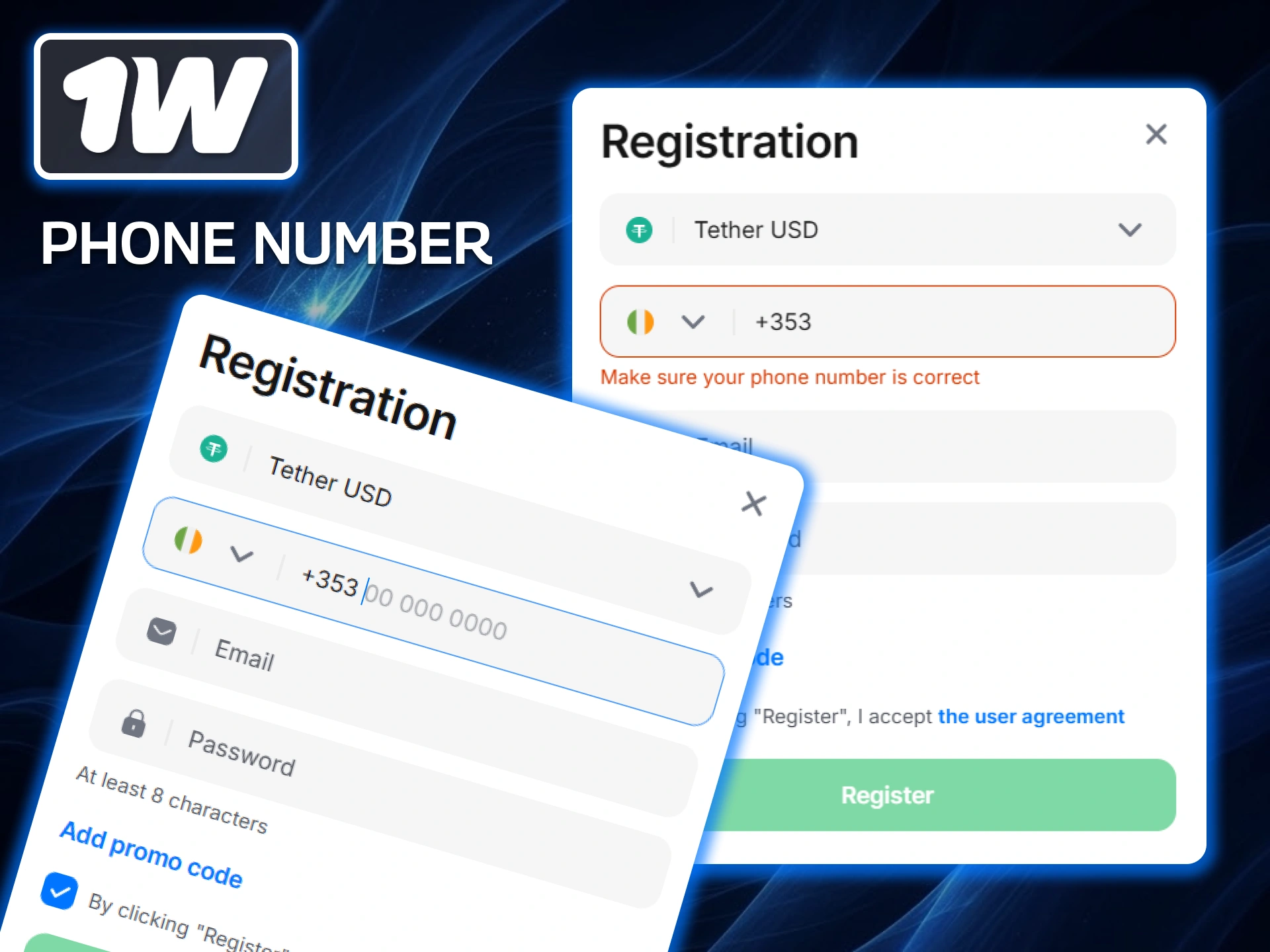 Sign up using your phone number and verify your device with a short SMS code on the 1w website.