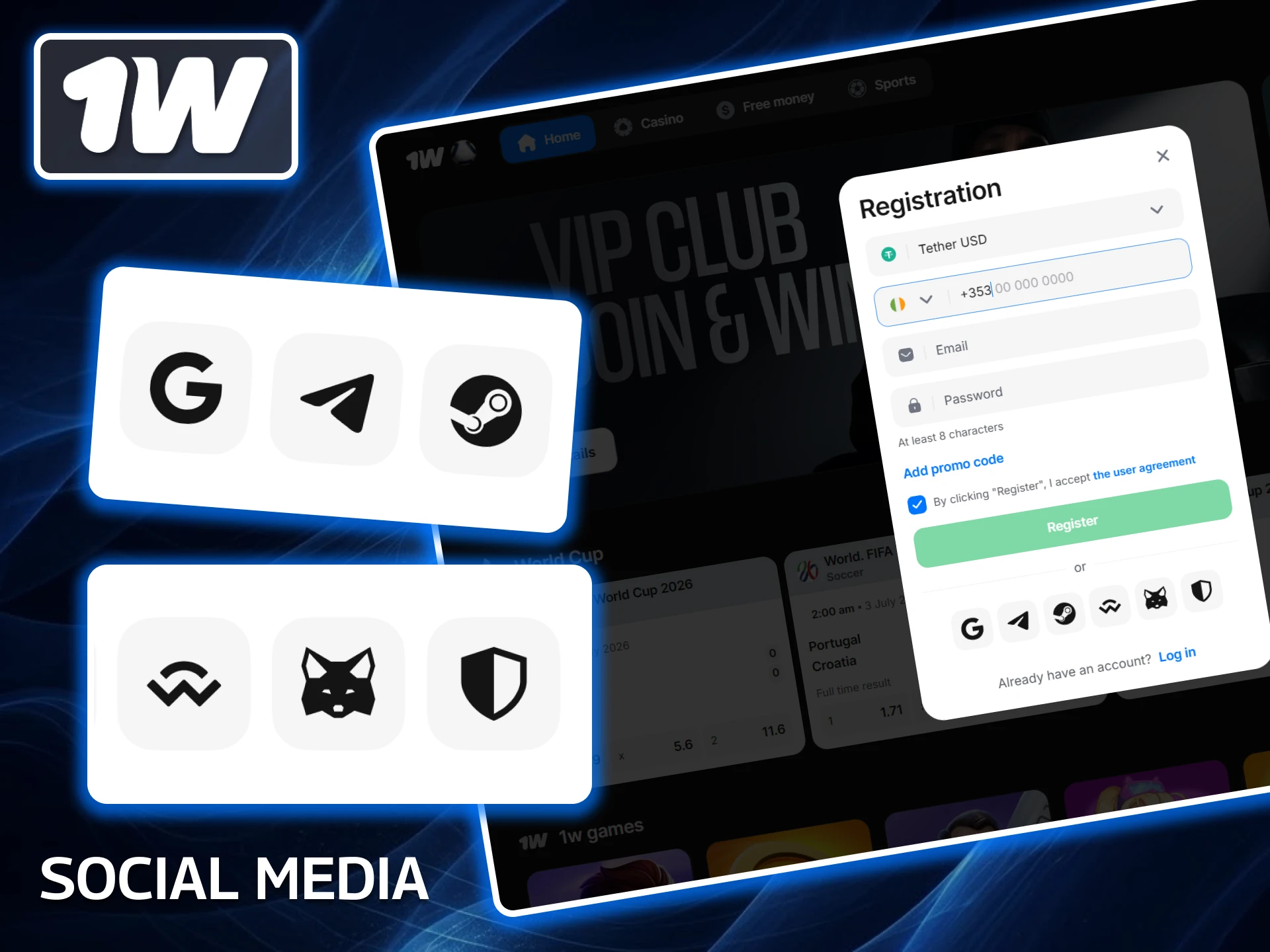 Register via social media to instantly link your existing profiles and skip the manual data entry process on 1w.