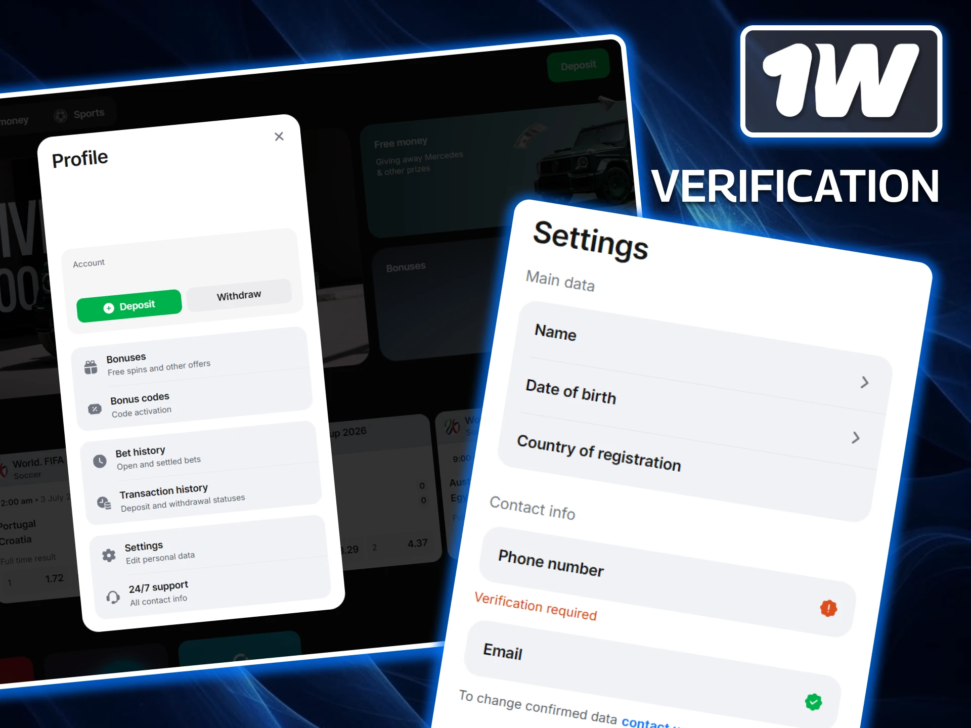 Complete the mandatory account verification process on 1w by submitting a photo ID to unlock unrestricted, fast withdrawals.